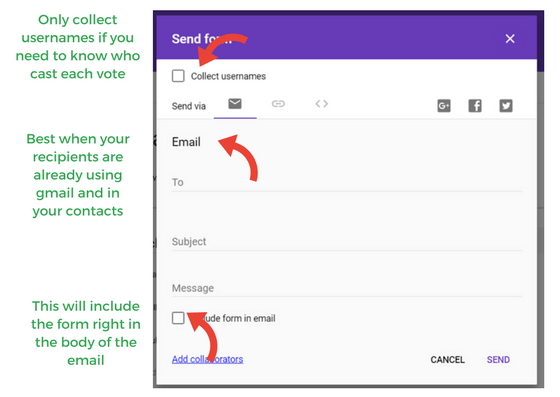 screenshot of google form send form options with email